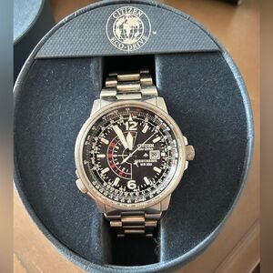 Citizen Black Dial Stainless Steel Eco-Drive Pilot Watch with Red Accents